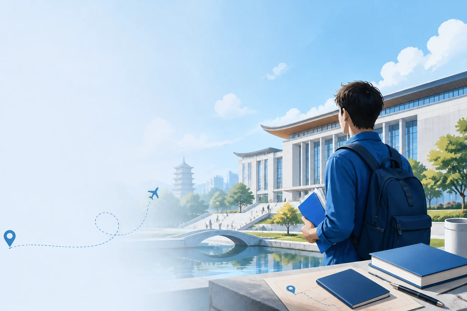 Minh họa người học chuẩn bị hành trình du học tại một khuôn viên đại học ở Trung Quốc